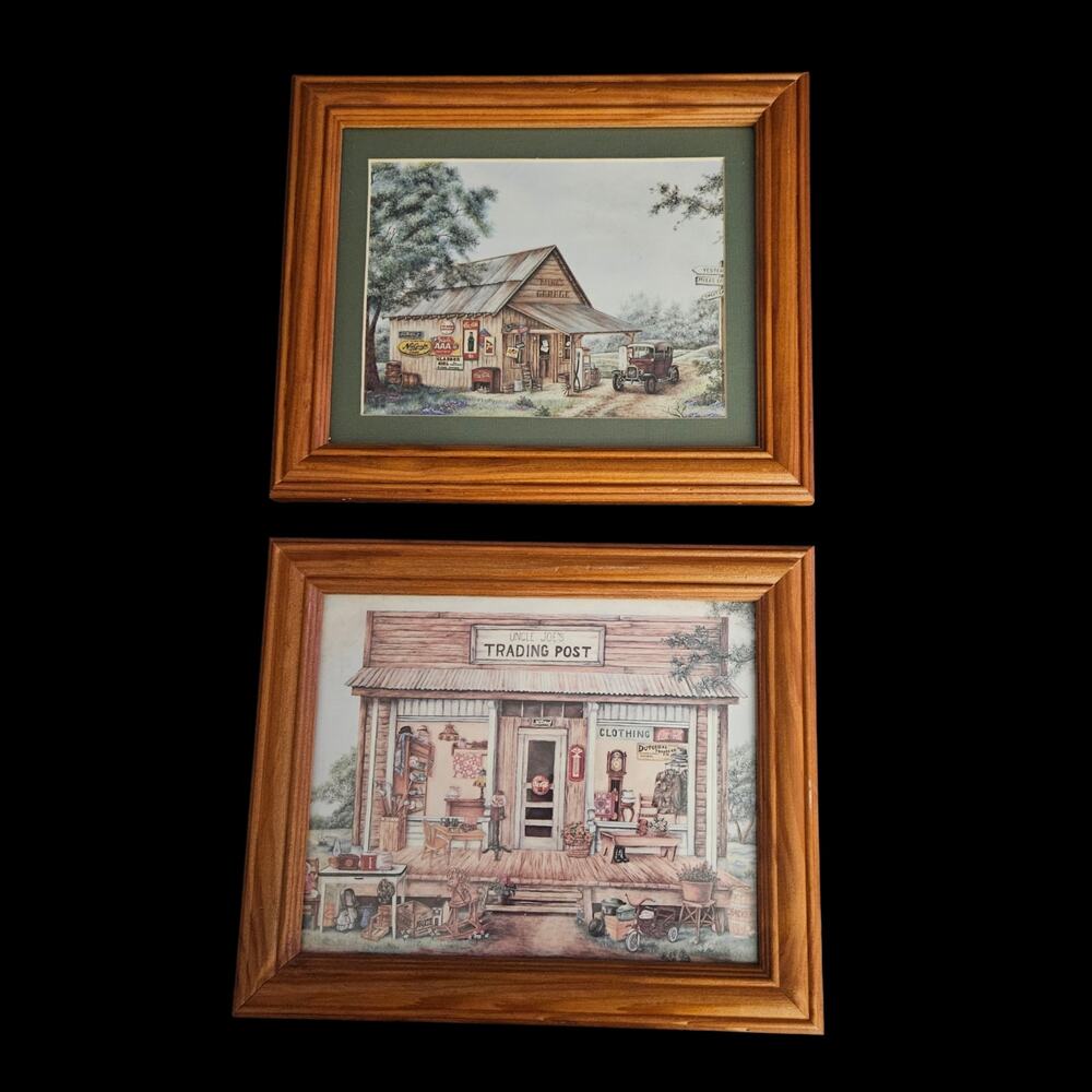 Vintage Country Store & Garage Framed Print Set Rustic Americana Wall Art